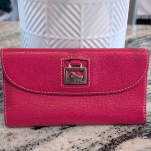 Dooney & Bourke Red Leather Flap Trifold Wallet with Gold Logo Plaque w/Box